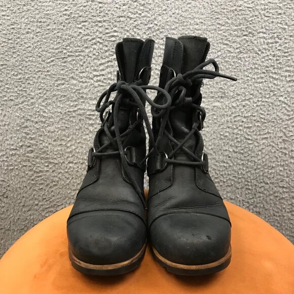 SOREL JOAN OF ARCTIC  BLACK LEATHER HIDDEN WEDGE HEEL ANKLE BOOTS 8.5 - Picture 2 of 16